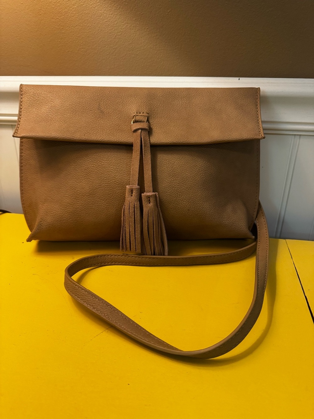 Street Level for Anthropologie Tan Tassel Fold-Over Leather Crossbody